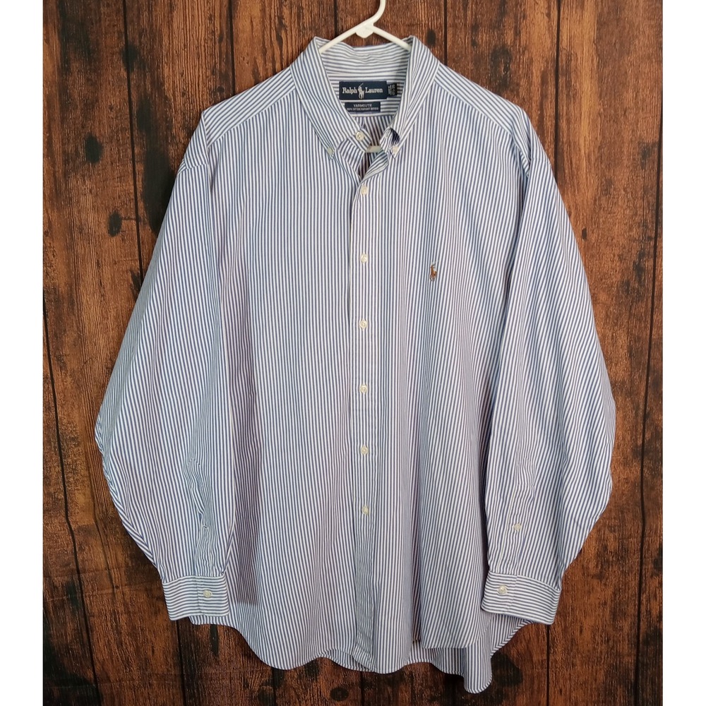 Ralph Lauren Yarmouth Mens 17.5 35 Blue White Striped Pinpoint Oxford Shirt